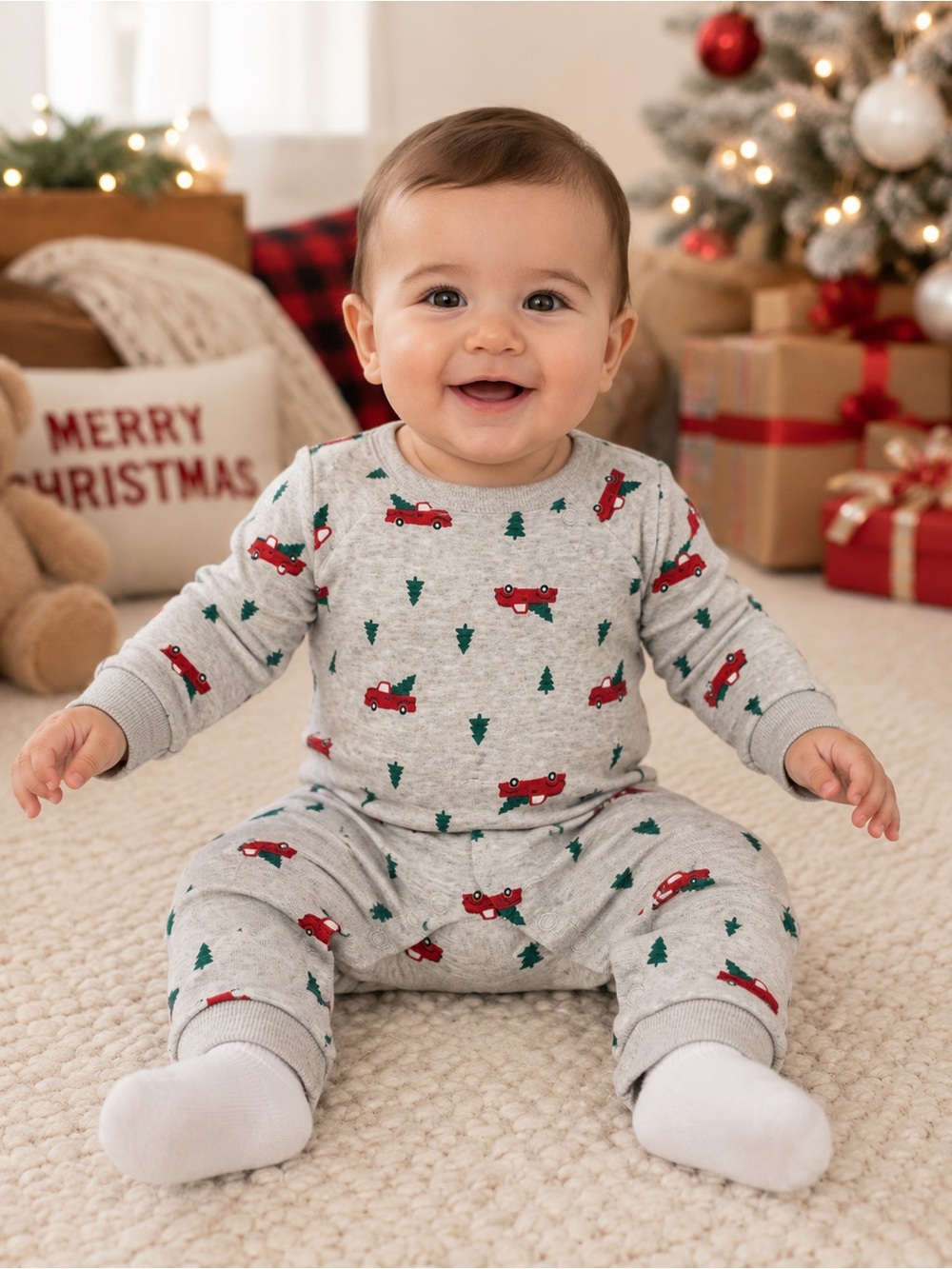 Tucker & Tate • NWT  Grey Holiday Pajama Set with Red Trucks & Green Trees
